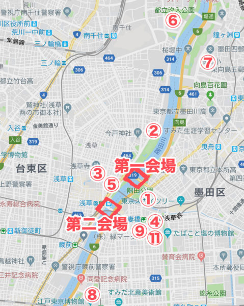 隅田川花火大会のよく見える場所の地図